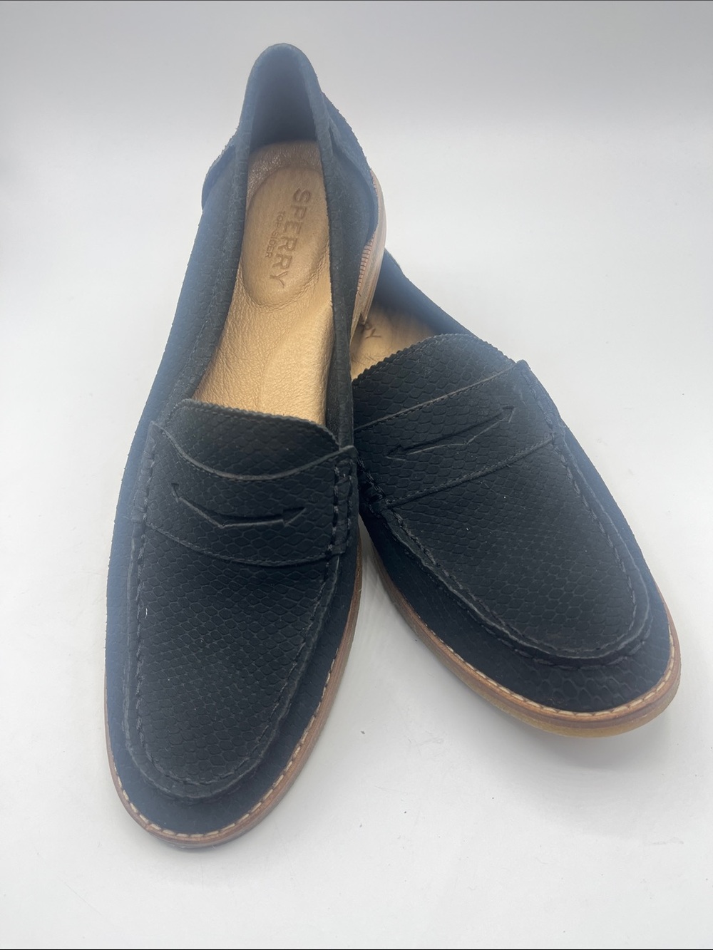 Sperry Black Suede Penny Loafers Womens